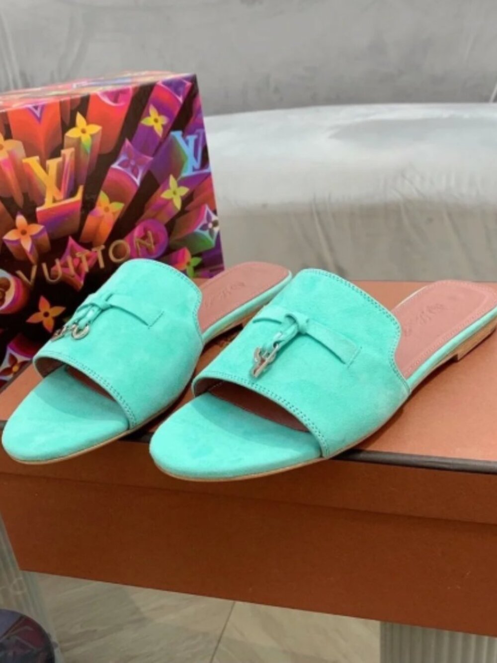 Loro Piana Mint Green Suede Slide Sandals Bow Charm Flat Open‑Toe Mules - Picture 4 of 6